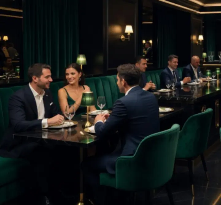 Elegáns, félhomályos budapesti étterem enteriőr, arany és mélyzöld részletekkel