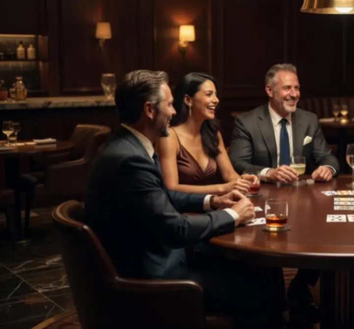 Elegáns lounge térben poker asztal, vendégek társasági játék közben