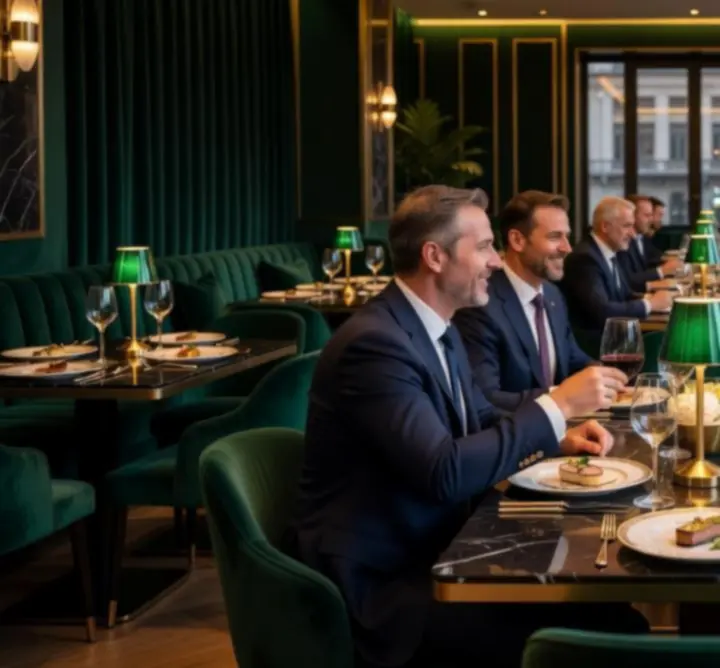 Elegáns, sötét tónusú budapesti étterem luxus hangulattal és megterített asztalokkal