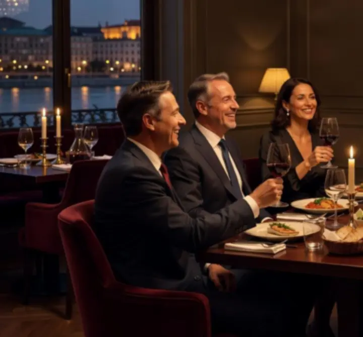 Elegáns társaság vacsorázik és kártyázik hangulatos budapesti étteremben