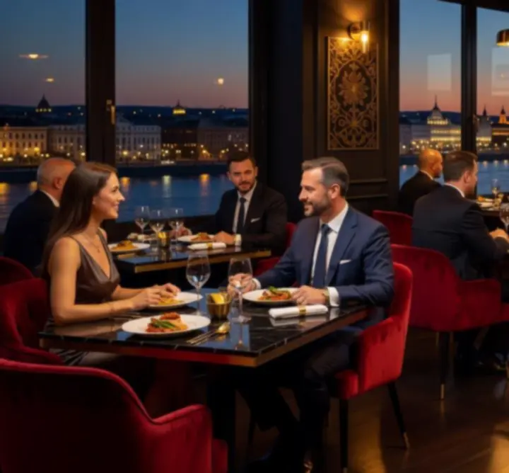 Elegáns, félhomályos étterem belső Villám Start budapesti prémium étteremben