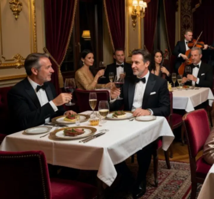 Tematikus vacsoraest elegáns budapesti étteremben, hangulatos fényekkel